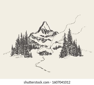 Beautiful landscape with a cozy house and a lake by the mountain. Hand drawn vector illustration, sketch