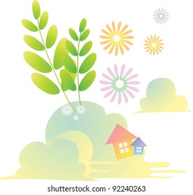 Beautiful Landscape - with Cute Colorful Flowers in the fantastic natural garden on white background : vector illustration