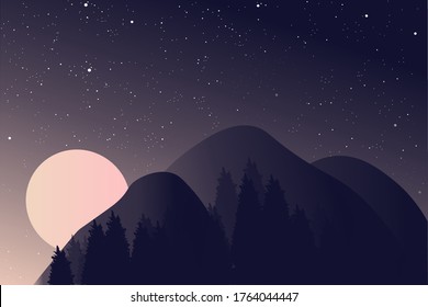 Beautiful landscape. Dark background, night sky with stars and a full moon. A massive massive mountain range upon which moonlight falls. Sunset, wildlife, mountains, outdoor recreation.
