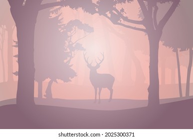 Beautiful landscape: a deer in the forest bathed in sunlight. Vector illustration.