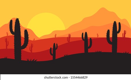 beautiful landscape of desert landscape with cactus mountains, abstract desert background vector illustration template suitable for landing page banner magazin poster 