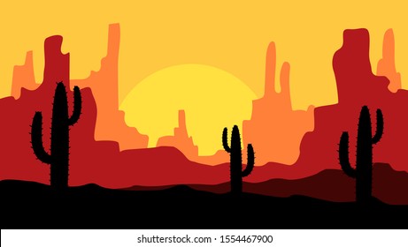 beautiful landscape of desert landscape with cactus mountains, abstract desert background vector illustration template suitable for landing page banner magazin poster 