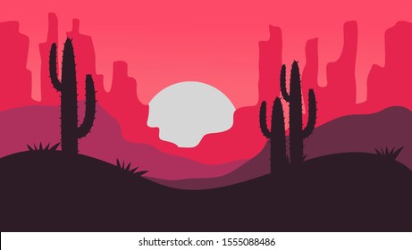 beautiful landscape of desert landscape with cactus mountains, abstract desert background vector illustration template suitable for landing page banner magazine poster 