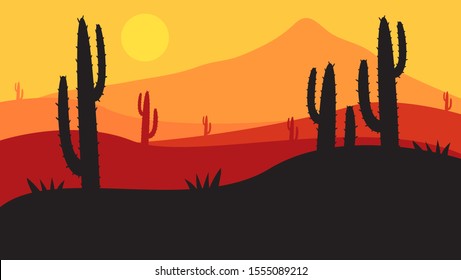 beautiful landscape of desert landscape with cactus mountains, abstract desert background vector illustration template suitable for landing page banner magazine poster 