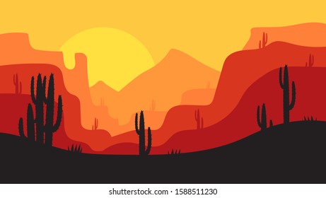 beautiful landscape of desert landscape with cactus mountains, abstract desert background vector illustration template suitable for landing page banner magazin poster 
