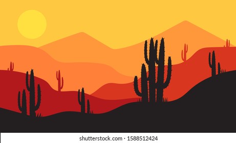 beautiful landscape of desert landscape with cactus mountains, abstract desert background vector illustration template suitable for landing page banner magazin poster 