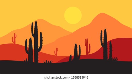 beautiful landscape of desert landscape with cactus mountains, abstract desert background vector illustration template suitable for landing page banner magazin poster 