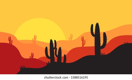 Cartoon Desert Silhouettes Cactus Mountain Travel Stock Vector (Royalty ...