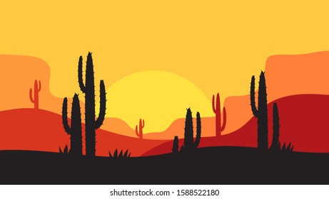 beautiful landscape of desert landscape with cactus mountains, abstract desert background vector illustration template suitable for landing page banner magazin poster 