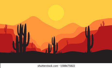 beautiful landscape of desert landscape with cactus mountains, abstract desert background vector illustration template suitable for landing page banner magazin poster 