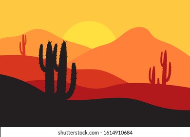 beautiful landscape of desert landscape with cactus mountains, abstract desert background vector illustration template suitable for landing page banner magazin poster and others