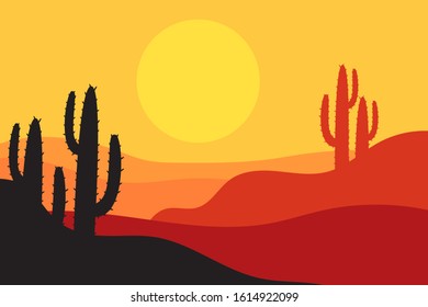 beautiful landscape of desert landscape with cactus mountains, abstract desert background vector illustration template suitable for landing page banner magazin poster and others