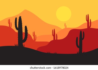beautiful landscape of desert landscape with cactus mountains, abstract desert background vector illustration template suitable for landing page banner magazine poster and others