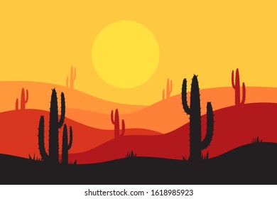 beautiful landscape of desert landscape with cactus mountains, abstract desert background vector illustration template suitable for landing page banner magazin poster and others