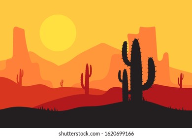 beautiful landscape of desert landscape with cactus mountains, abstract desert background vector illustration template suitable for landing page banner magazin poster and others