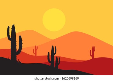 beautiful landscape of desert landscape with cactus mountains, abstract desert background vector illustration template suitable for landing page banner magazin poster and others