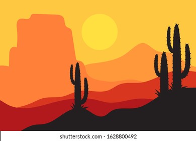beautiful landscape of desert landscape with cactus mountains, abstract desert background vector illustration template suitable for landing page banner magazin poster and others