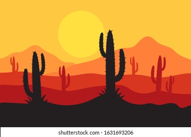 beautiful landscape of desert landscape with cactus mountains, abstract desert background vector illustration template suitable for landing page banner magazin poster and others