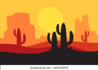 beautiful landscape of desert landscape with cactus mountains, abstract desert background vector illustration template suitable for landing page banner magazin poster 