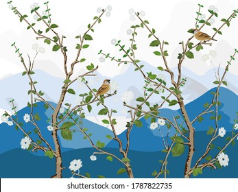 Beautiful landscape design of hand drawn flower trees and birds in against a mountain background. Vector illustration