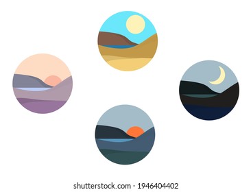 Beautiful landscape at different times of the day. Morning, afternoon, evening, night. Hills at dawn, in the bright sun, at sunset and in the light of the moon