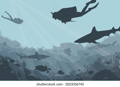 Beautiful landscape: diving divers in the ocean. Vector illustration.