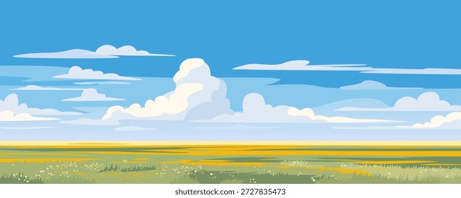Hermoso paisaje de campos y prados con un impresionante cielo azul y nubes. Ilustración vectorial panorámica de un paisaje con hermosos prados y campos de estepa. Naturaleza increíble.