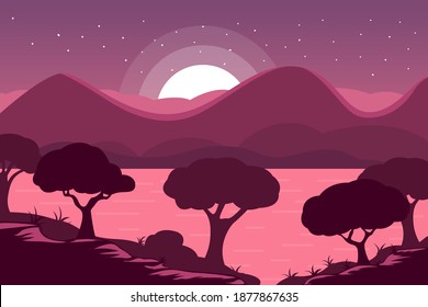 Bonito paisaje de diseño plano en el lago