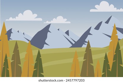 Beautiful landscape. Flat illustration. Mountains Forest. Sky. Autumn.