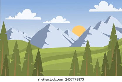 Beautiful landscape. Flat illustration. Mountains Forest. Sky. Pine trees.