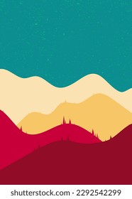 Beautiful landscape. Flat style. Colorful hills and mountains scenery background design. Vector illustration. Suitable for landing pages, web, wall painting and posters.