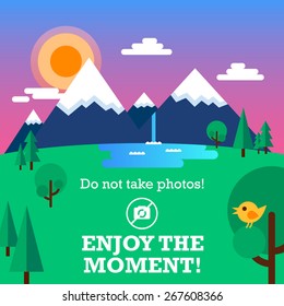 Beautiful landscape in a flat style: the mountains, the clouds, the sun at sunset, trees, waterfall. The bird sits on a branch. Also motivating text. Fully editable vector illustration.