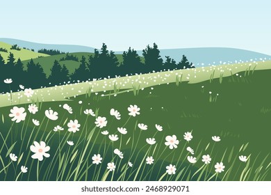 Beautiful landscape of a flower field. Flower meadows against the backdrop of forest and hills. Vector landscape illustration of summer floral field for design.