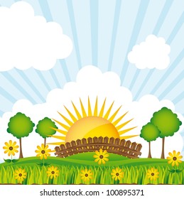 beautiful landscape with flower and tree. vector illustration