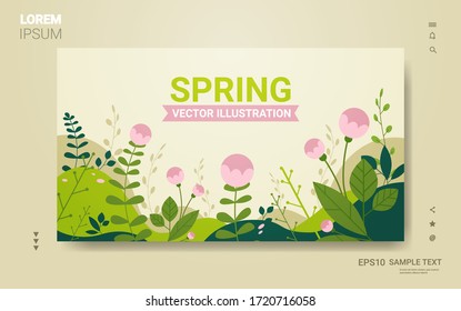 beautiful landscape with flowers and leaves floral spring poster horizontal greeting card copy space vector illustration