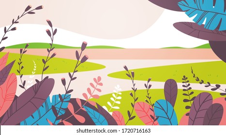 Beautiful Landscape With Flowers And Leaves Floral Spring Poster Horizontal Greeting Card Vector Illustration