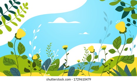 beautiful landscape with flowers and leaves floral spring poster horizontal greeting card vector illustration