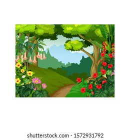 Beautiful Landscape Forest With Hill And Tropical Plants Cartoon Set for your design