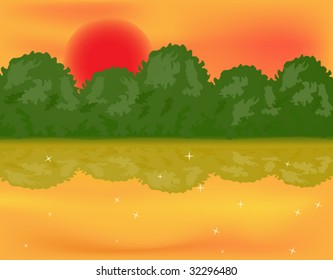 Beautiful landscape of a forest lake over sun.