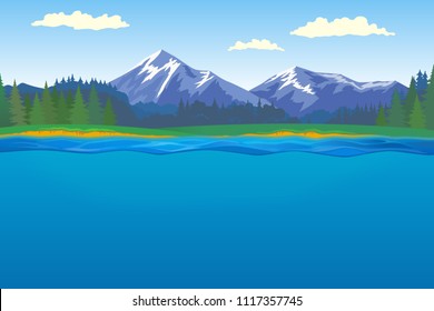 Beautiful landscape with forest, mountains and lake