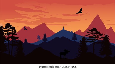 Schöne Landschaft mit Wald, Bergen und Sonnenuntergang im Vektorformat. Trendgrafik für Postkarten, Tapeten, Banner. Panoramablick auf die wilde Natur. 