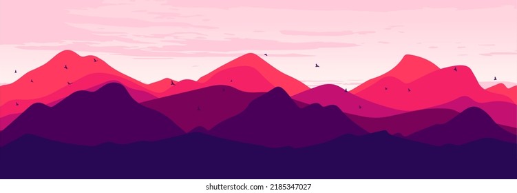 Beautiful landscape with forest, mountains, and sunset in vector format. Trendy illustration for postcards, wallpaper, banners. Panorama view of wild nature. 