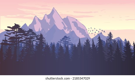 Beautiful landscape with forest, mountains, and sunset in vector format. Trendy illustration for postcards, wallpaper, banners. Panorama view of wild nature. 