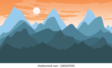 Beautiful landscape with forest, mountains, and sunset in vector format. Trendy illustration for postcards, wallpaper, banners. Panorama view of wild nature. 