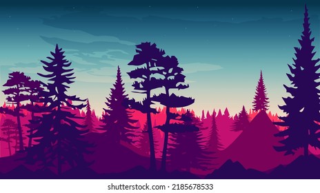 Hermoso paisaje con bosque, montañas y puesta de sol en formato vector. Ilustración de moda para postales, papel pintado, carteles. Vista panorámica de la naturaleza salvaje. Ambiente atraído por la mano.