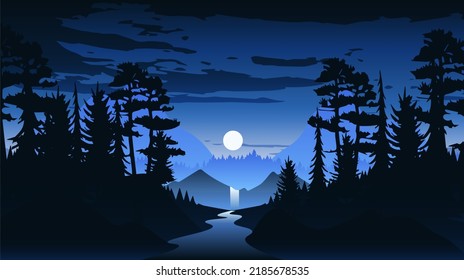 Beautiful landscape with forest, mountains, and sunset in vector format. Trendy illustration for postcards, wallpaper, banners. Panorama view of wild nature. Hand drawn enviroment.