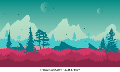 Beautiful landscape with forest, mountains, and sunset in vector format. Trendy illustration for postcards, wallpaper, banners. Panorama view of wild nature. Hand drawn enviroment.