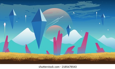 Beautiful landscape with forest, mountains, and sunset in vector format. Trendy illustration for postcards, wallpaper, banners. Panorama view of wild nature. Hand drawn enviroment.