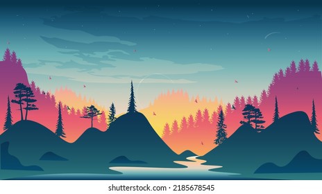 Hermoso paisaje con bosque, montañas y puesta de sol en formato vector. Ilustración de moda para postales, papel pintado, carteles. Vista panorámica de la naturaleza salvaje. Ambiente atraído por la mano.