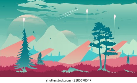 Beautiful landscape with forest, mountains, and sunset in vector format. Trendy illustration for postcards, wallpaper, banners. Panorama view of wild nature. Hand drawn enviroment.